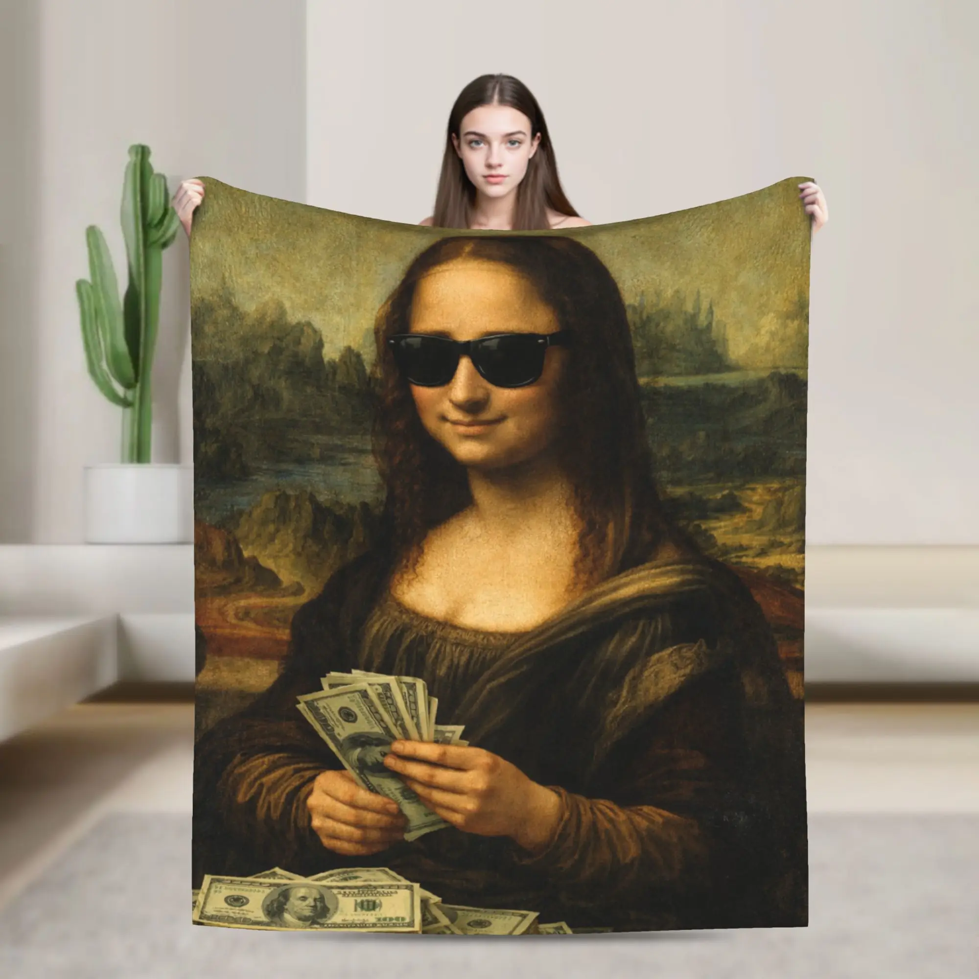 Hustle Cash Mona Lisa Flannel Blanket Girl  Soft Comfy Bedding Throws Winter Chair Bedspread Sofa Bed Cover
