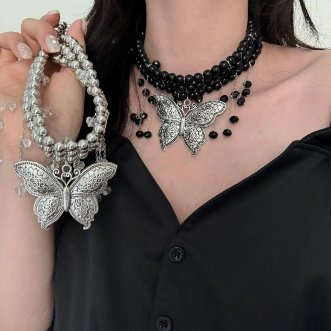 

DUTRIEUX Vintage National Style Butterfly Pendant Tassel Clavicle Chain Necklace Women's Exquisite Multi-Layer Choker Jewelry