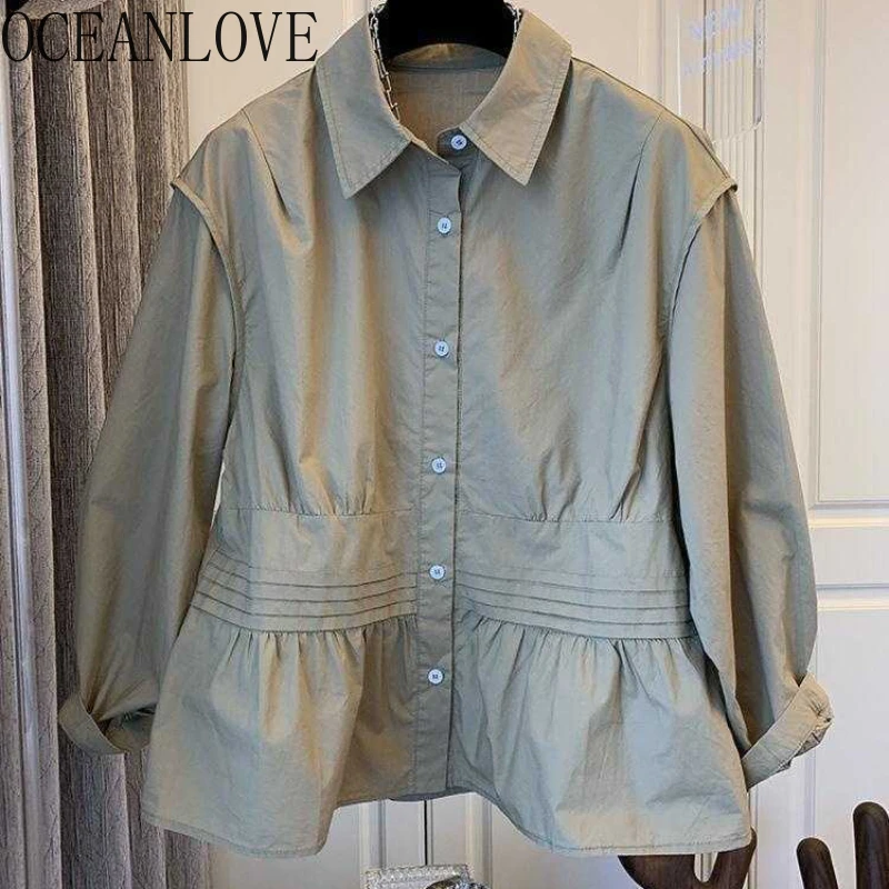 OCEANLOVE Solid Blusas Mujer Korean Fashion Fake 2 Pieces Loose Blouses Women Tops Vintage Casual Ins Elegant Shirts Casual