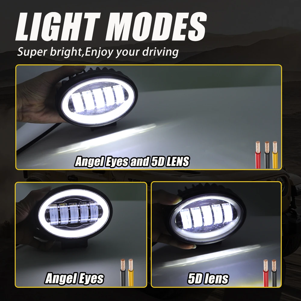 5D 5.3inch LED Work Light with Angel Eyes DRL Bright Round 50W Led Light Bar Pod Off Road Driving Fog Lamp for SUV Truck ATV UTV