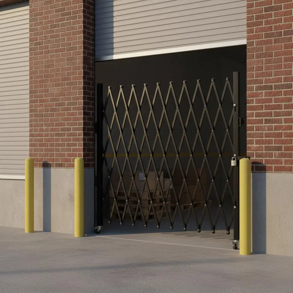 

Стальная раскладная баррикада 74x51,57 дюйма (ШxВ) для дверных проемов складов, витрин, гаражей, складная ножничная конструкция, мобильная, на колесах