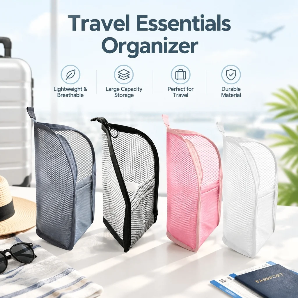 EVA Mesh Travel Toiletry Bag Stand‑up Cosmetic Organizer Bag Portable Transparent Mesh Makeup Zipper Bag for Women Daily Use