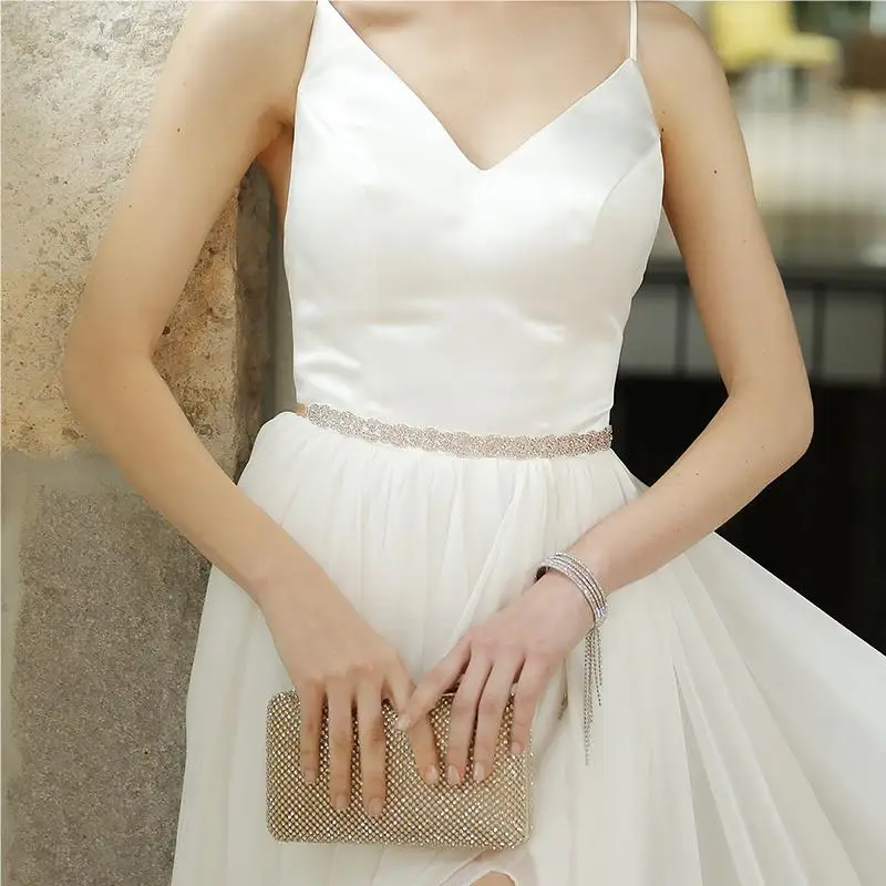 Rose Gold Rhinestone Wedding Dress Belt Crystal Wedding Belts Satin Wedding Accessories Bridal Ribbon Belts