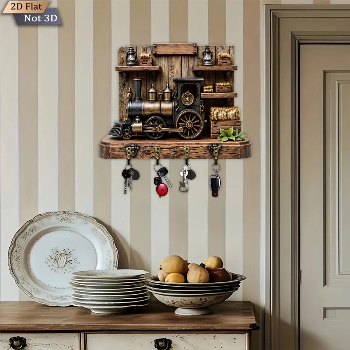2D Flat, 1pc, Steam Locomotive Theme Style Key Hook Wooden Multifunctional Home Key Hanger with Four Metal Hooks, Wall Decé,