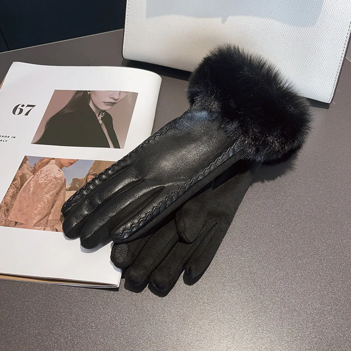 Women's Winter Luxury PU Leather Gloves Wrist Soft Faux Fur Trim Cuff Fashion Elegant Party Warm Touch Screen Drive Cycling