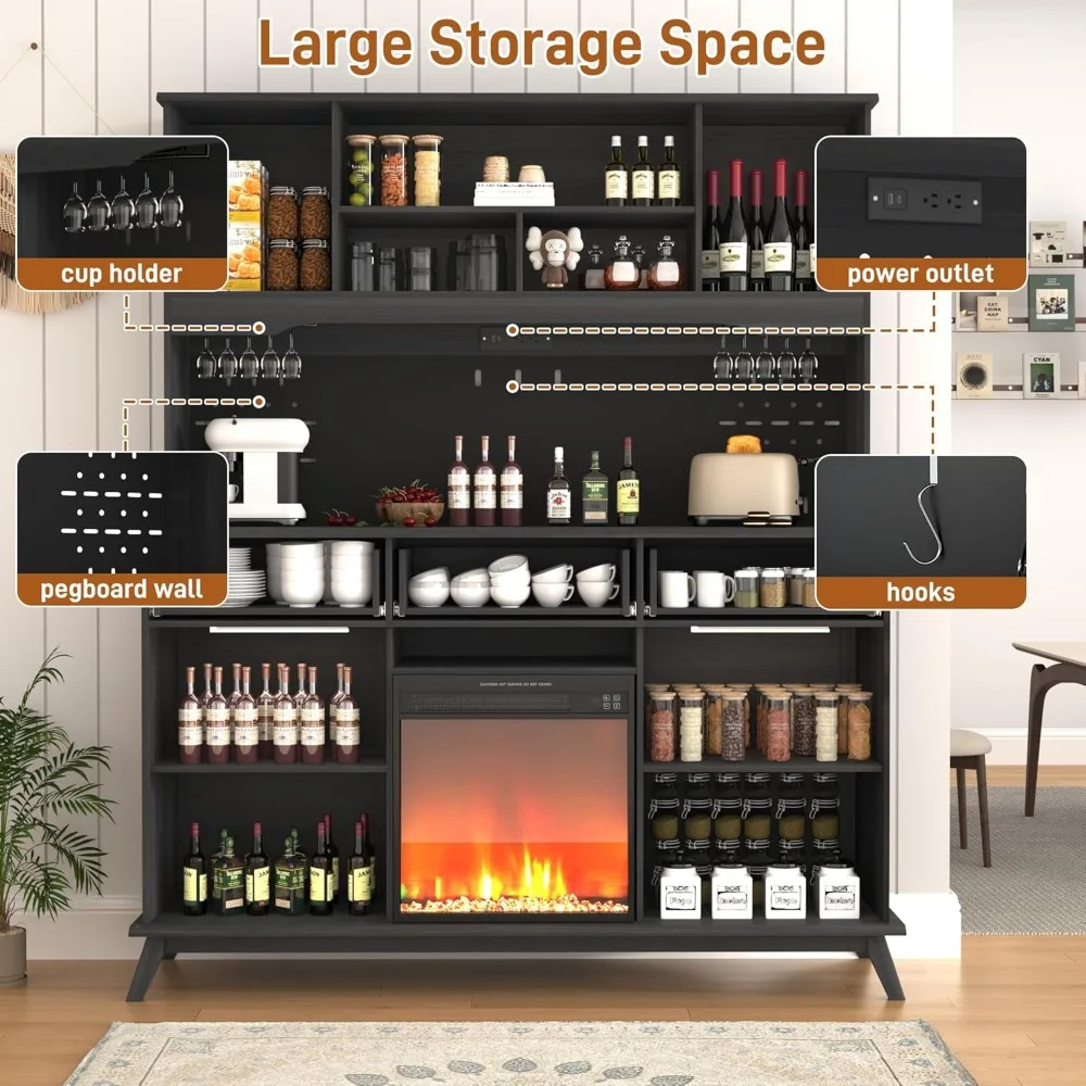 ​​"74" Wine Bar Cabinet w/ Fireplace - 63" Wide Pantry Storage, LED Lights & Power Outlets"​