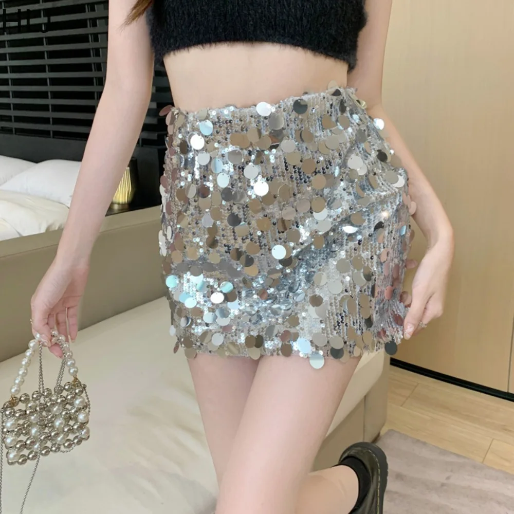 

HLJ New Quality Sequined Skirts 2024 Spring Summer Mini Sexy Skirt Sparkly Bodycon Skirt Black Silver for Club Party Birthday