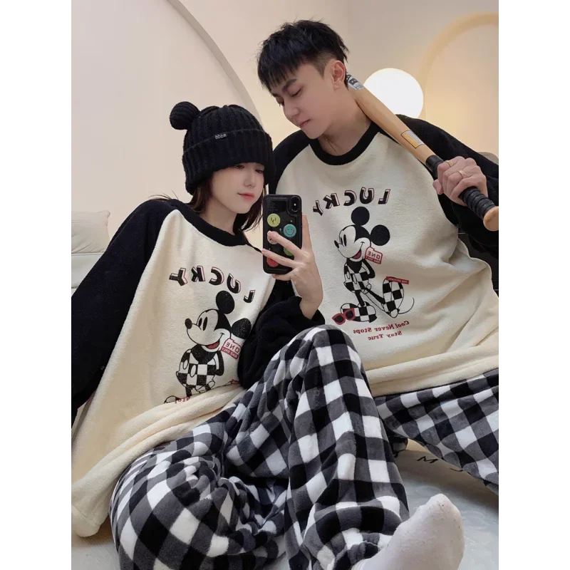 Cartoon Disney couple pajamas winter men\'s loungewear round neck long-sleeved trousers two-piece set new Mickey women\'s pajamas