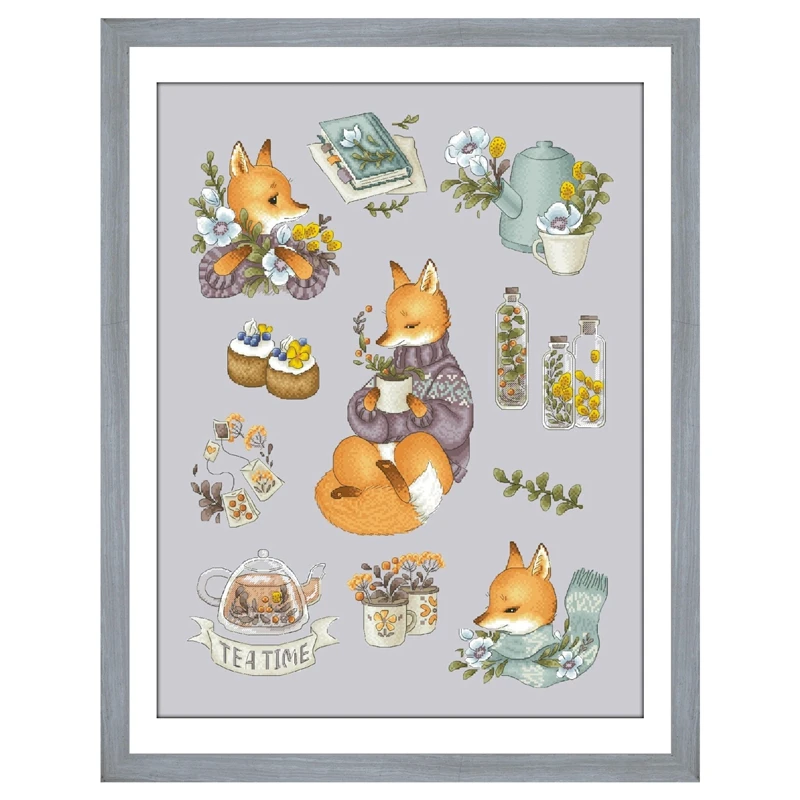 

Teatime cross stitch kits fox cartoon design 18ct 14ct 11ct silver canvas stitching embroidery DIY wall decor