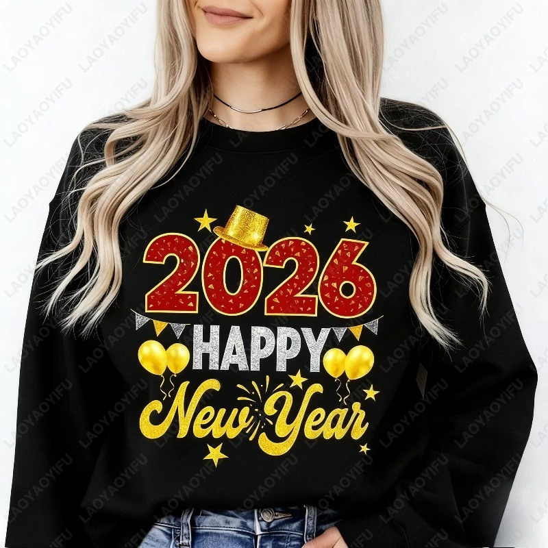 Feliz ano novo 2026 moletom ouro glitter chapéu nude vintage estética festa inverno pulôver família celebração presente feminino com capuz