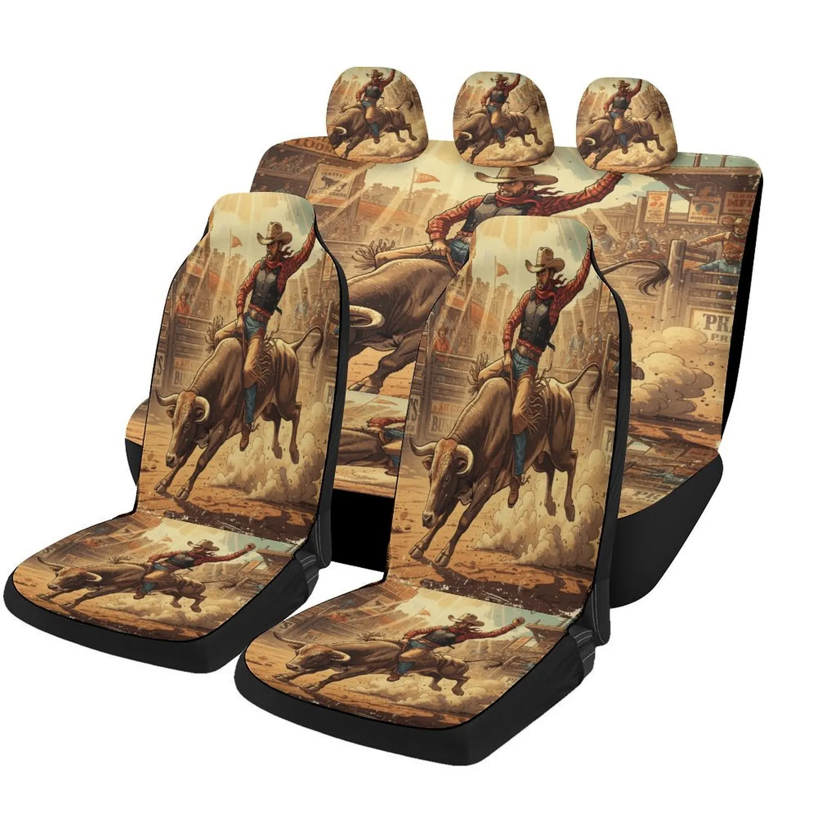 Bull Riding Rodeo Themed Car Seat Cover Set For Most Cars, Trendy High-quality Car Seat Protector Covers Full Set, Universal Car