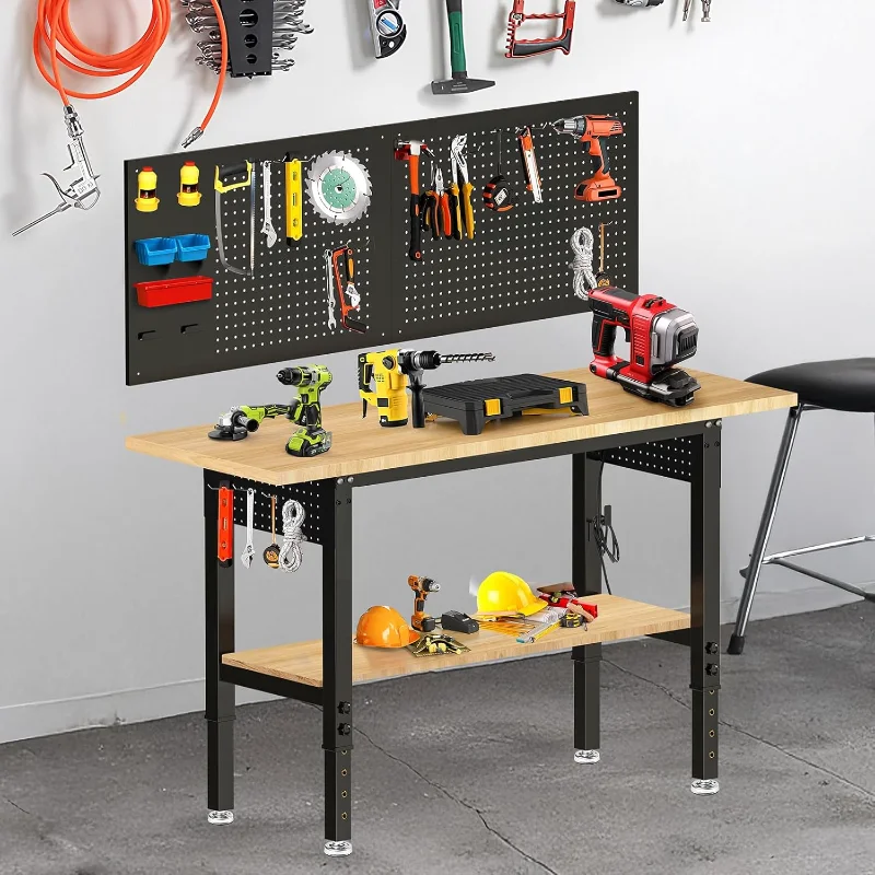 60“ Adjustable Height Workbench Work Bench for Garage Work Table with Under Table Shelf Heavy Duty Rubber Wood Top