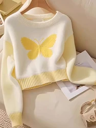 Jmprs Chic Bufferfly Print Sweaters Women Soft Korean Sweet Knitted Jumper Top Fashion Long Sleeve Female Casual O Neck Pullover