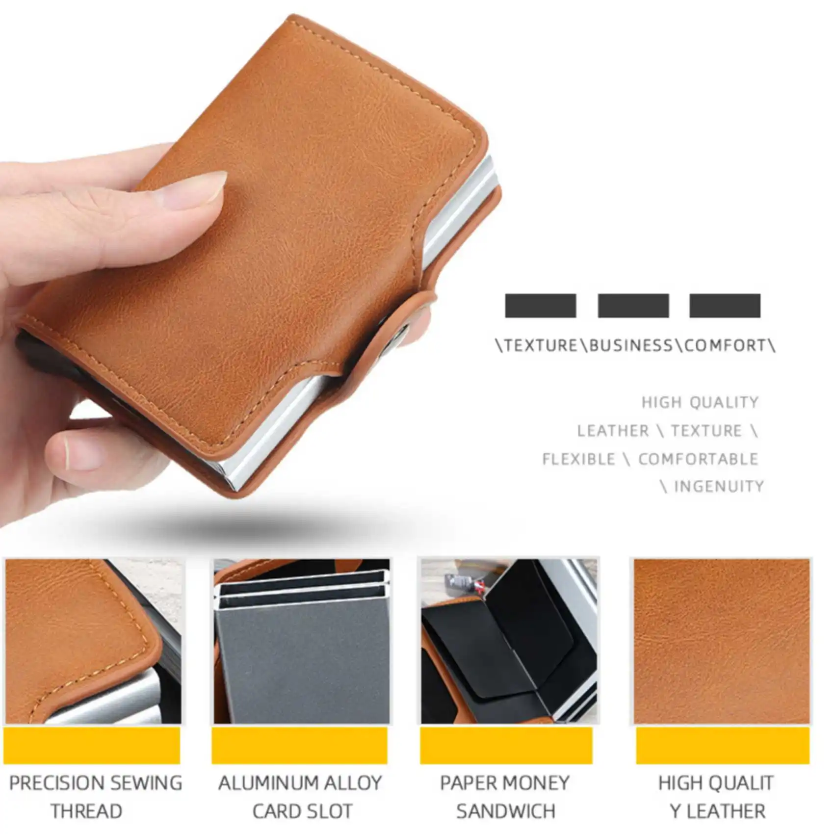 Automatic Pop-Up Double Aluminum Case Card Sleeve Buckle Men's Short Wallet Large Capacity Card Holder image 5