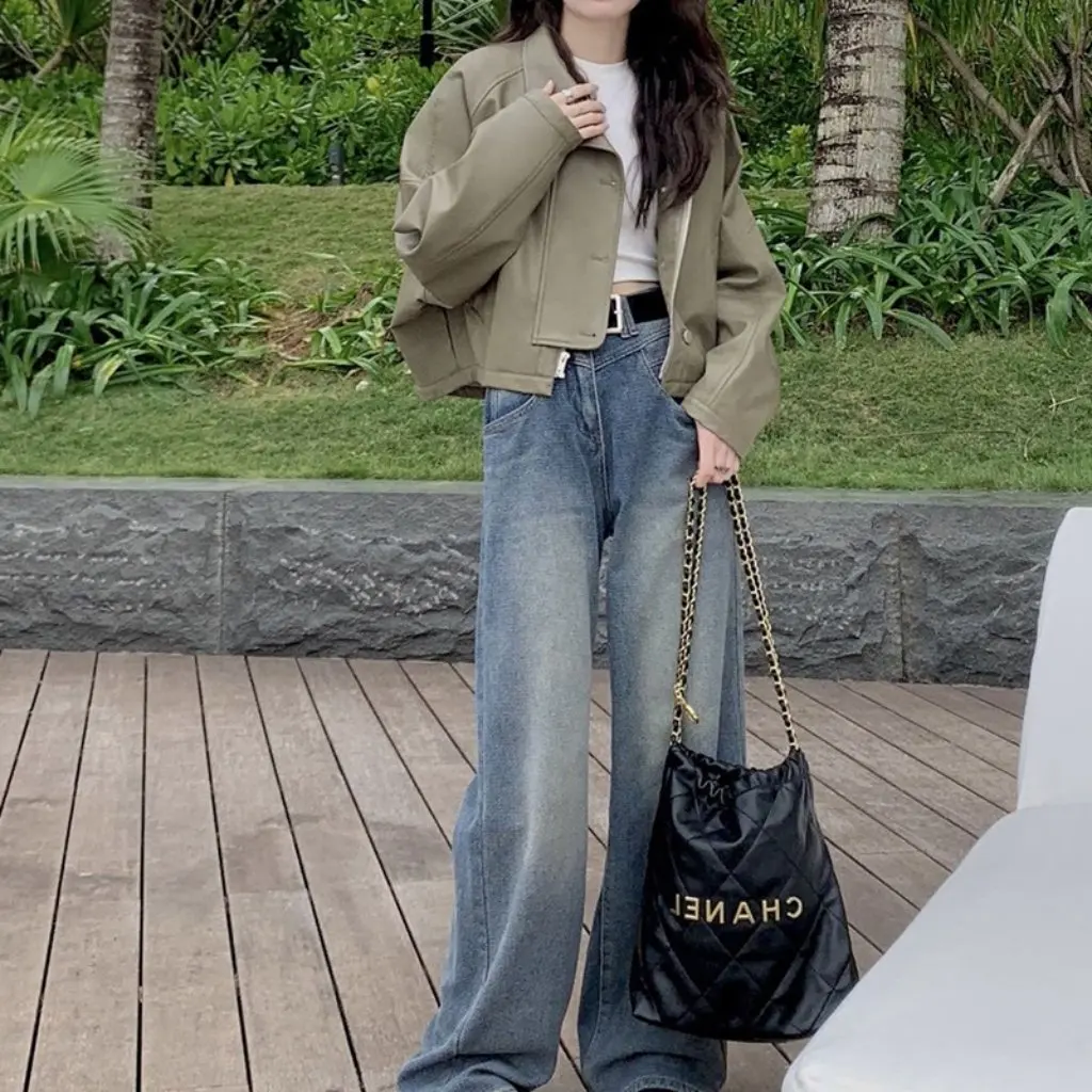 

Women's Vertical Collar Short Leather Coat Casual Loose Fit Jacket High-End American Retro Style for Spring And Autumn