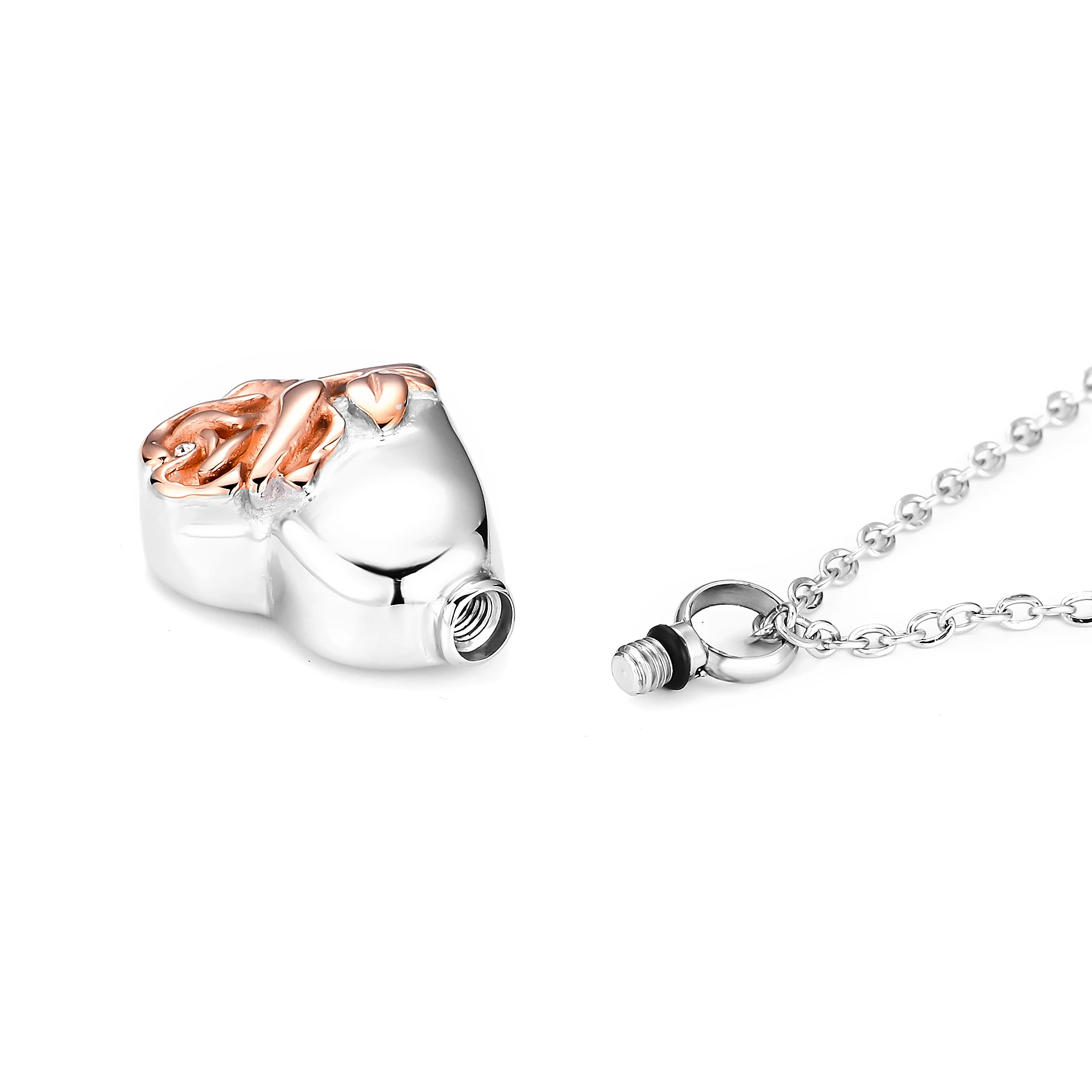 Herz mit Rose Urnen-Halskette aus Edelstahl mit Strasssteinen, Liebeskremations-Anhänger für Asche, Andenken-Schmuck für Frauen – Detail 2
