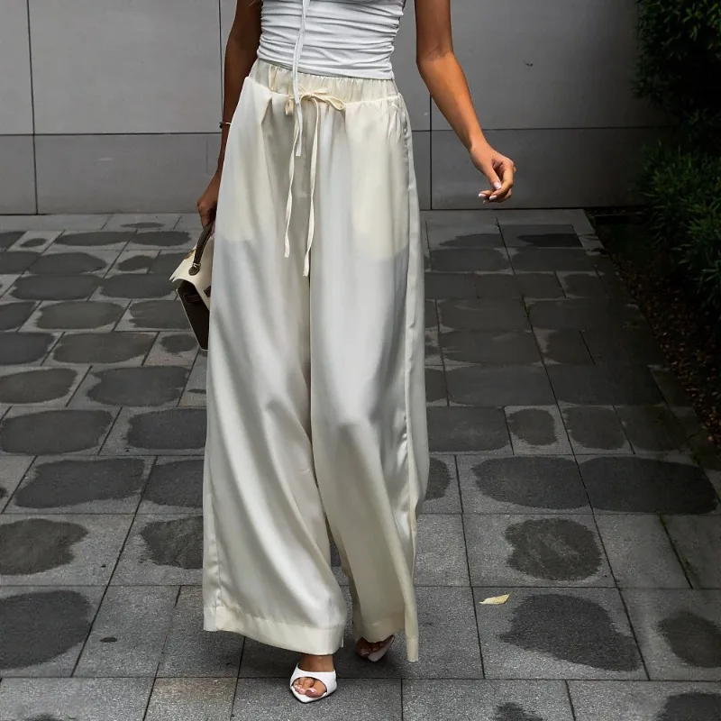 2026 New Satin Thin Casual Wide Leg Pants for Women European American Fashion High Waisted Loose Trousers Elegant Streetwear