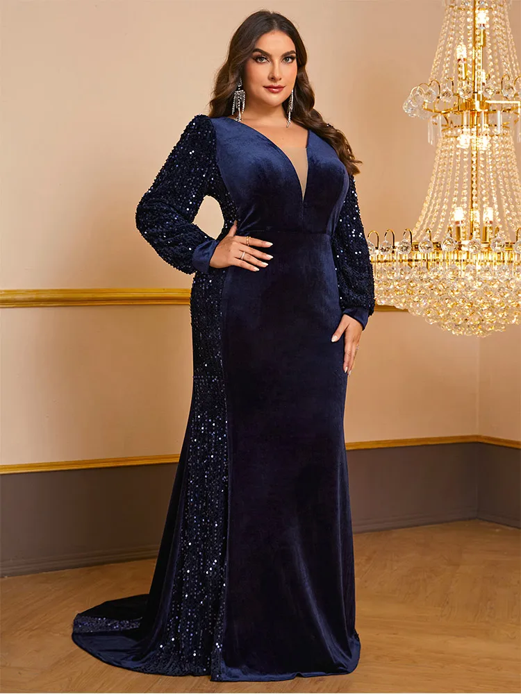 Plus size V-neck sequined shiny velvet floor-length evening dress 4XL 5XL Big Size dinner floor-standing Prom Gown Women