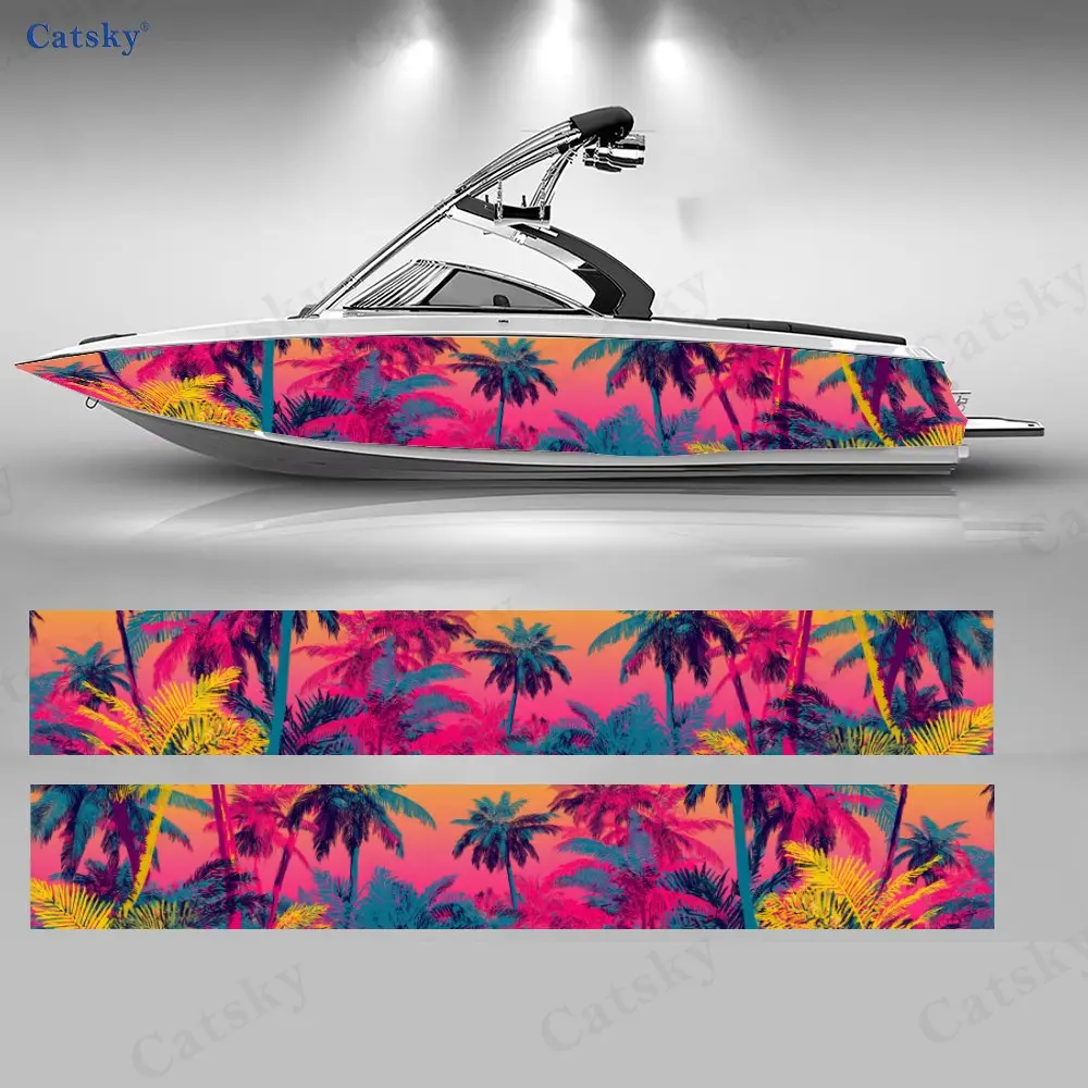 

2Pcs Neon Tropical Palm Grove Boat Stickers, PVC Waterproof Vinyl Wrap Decals for Fishing Boats, Durable and Stylish Design