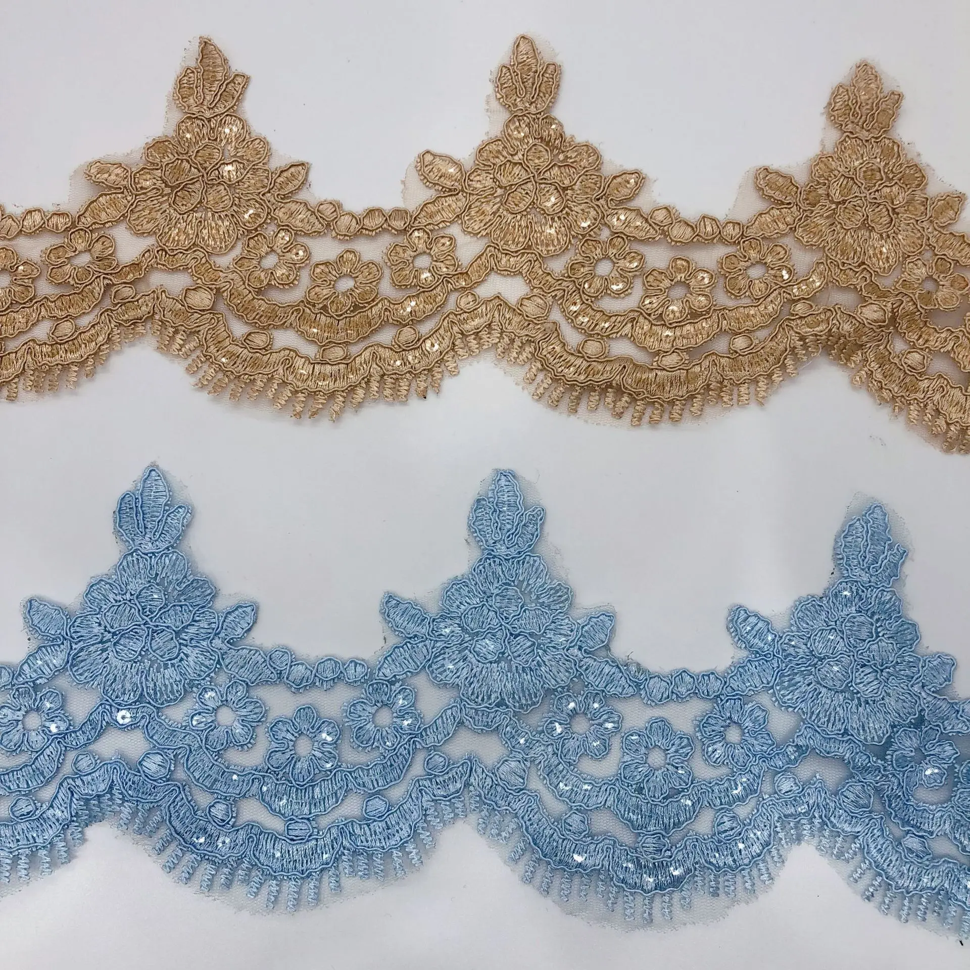 1Yard 13cm wide Blue Ivory Sequins Edge Polyester Embroidery Lace Trim for Bridal Wedding Gown Costume Design Lace Ribbon