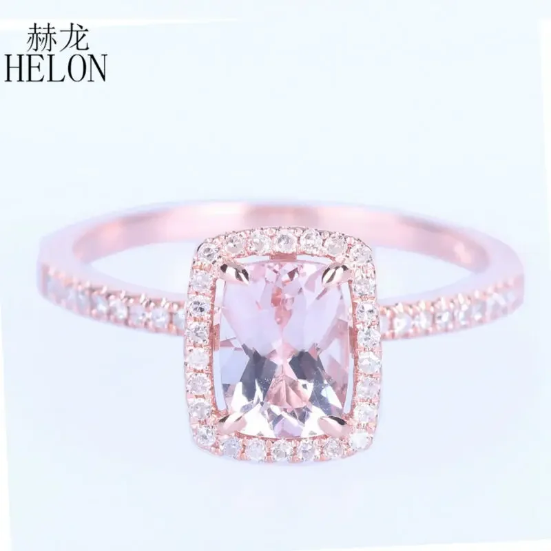 HELON Solid 18K Rose Gold Cushion 5x7mm Natural Morganite Diamonds Engagement Ring Women Wedding Band Anniversary Bridal Gift