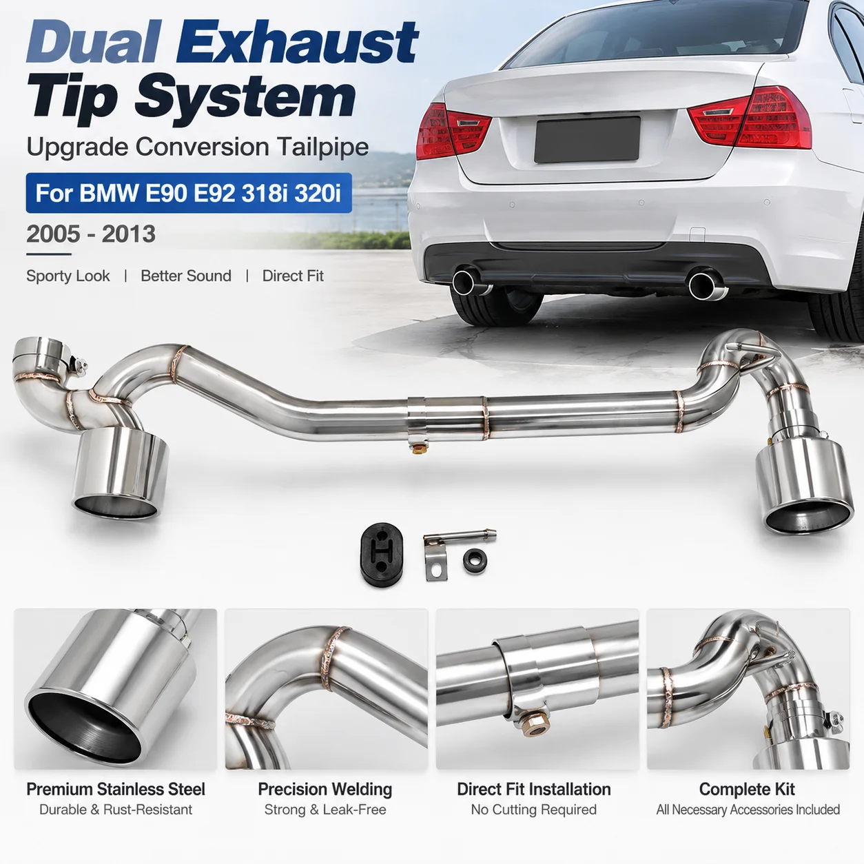 Image of Doppel-Auspuffendrohr-System für BMW E90 E92 318i 320i Benzin-Upgrade-Umrüstung Auspuffrohr 2005-2013