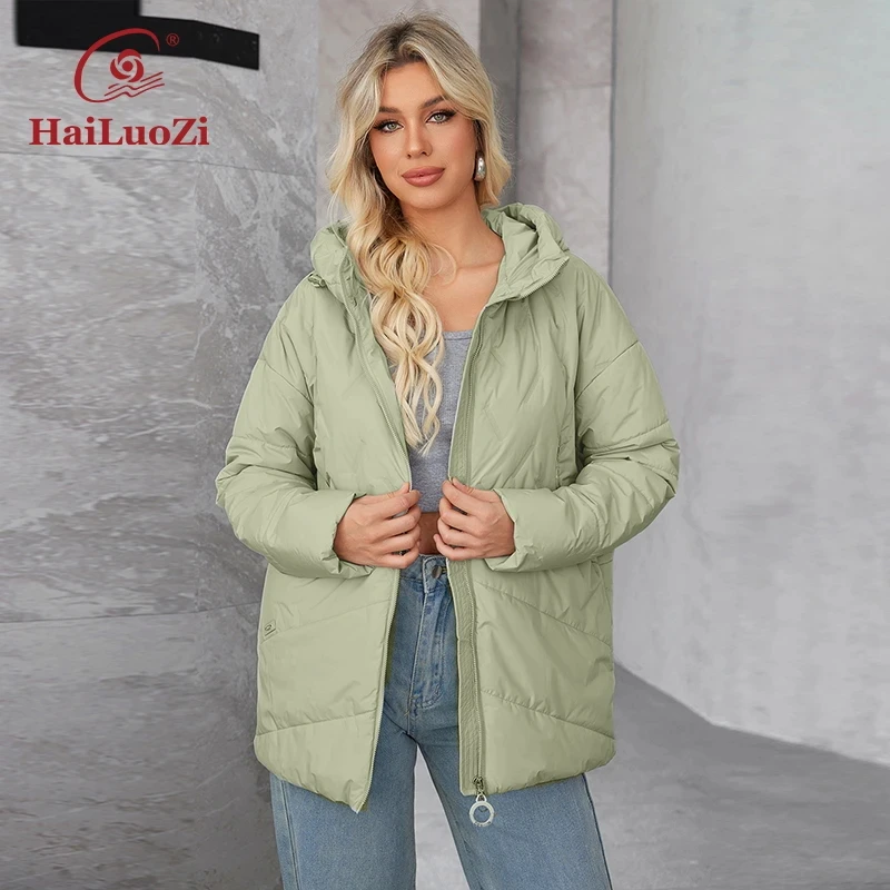 HaiLuoZi 2024 New Plus Size Women's Hooded Jacket Slash Pockets Quilted Women's Jacket Classic Design Women's Casual Jacket 5529