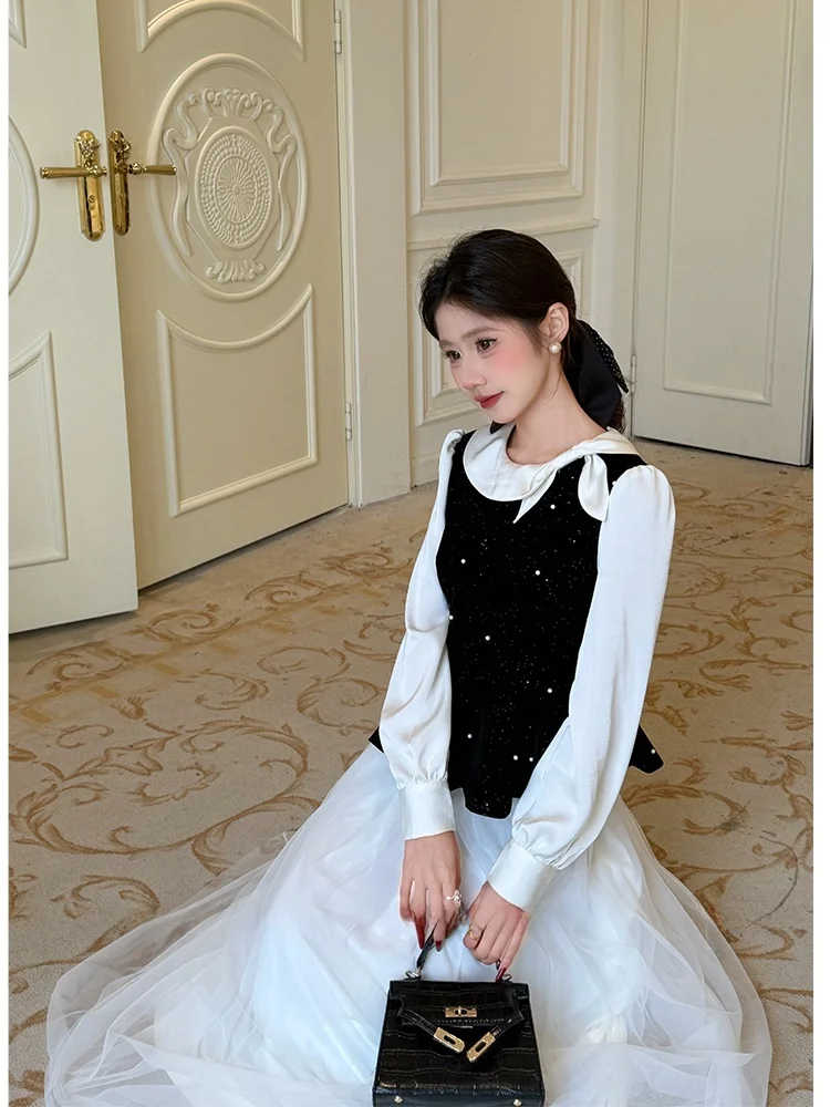 

Elegant Misses Spring Design Slimming Top High Waist Mesh Skirt Two-Piece Set Fashionable Breathable Nylon Casual Wear for Teens