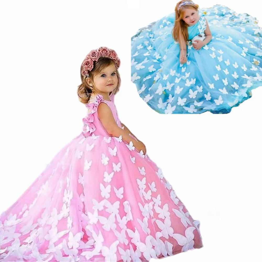 Vestido de menina flor rosa apliques sem mangas para vestidos de casamento decoração de borboleta princesa crianças vestidos de noite de aniversário