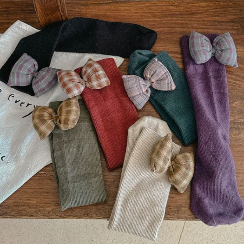 

5 Colors Spring and Autumn Girls' Socks Children's Solid Color Cotton Socks Student Simple Checkered Bow Middle Tube Long Socks