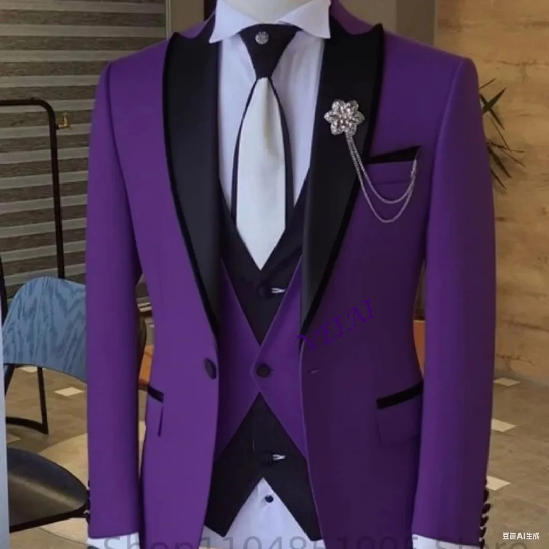 

CustomizedMen's Solid Slim Fit 3-Piece Business Suit Set with Blazer Vest And Pants for Wedding Party Luxury Fashion Tuxedo