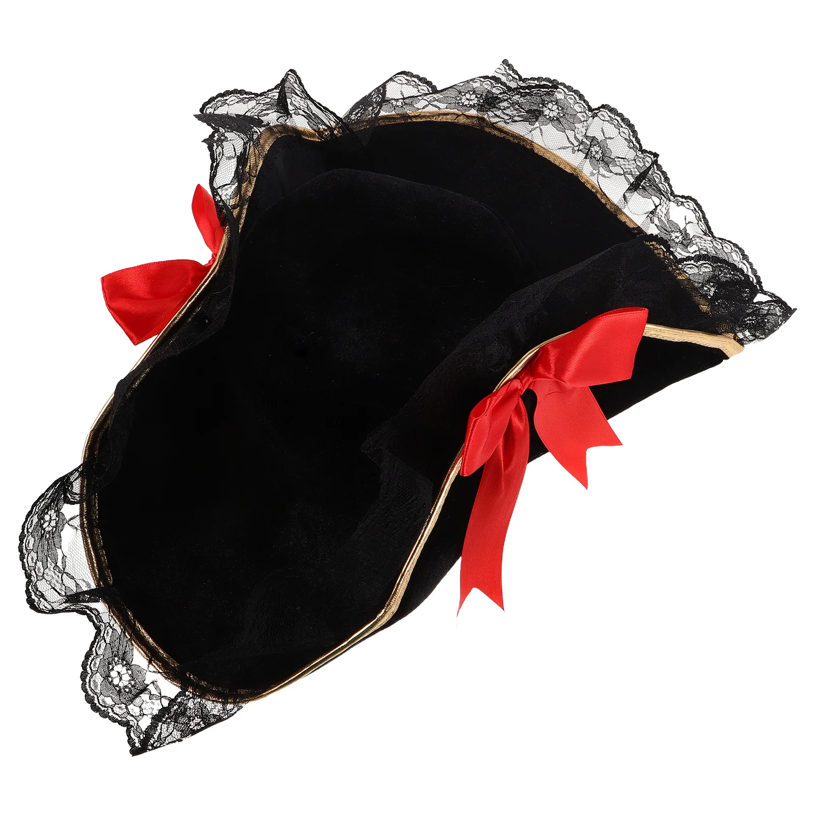 

Pirate Captain Hat Red Bow Lace Trim Pirate Headwear Halloween Costume Accessory Women Black Tricorn Hat Halloween Headwear