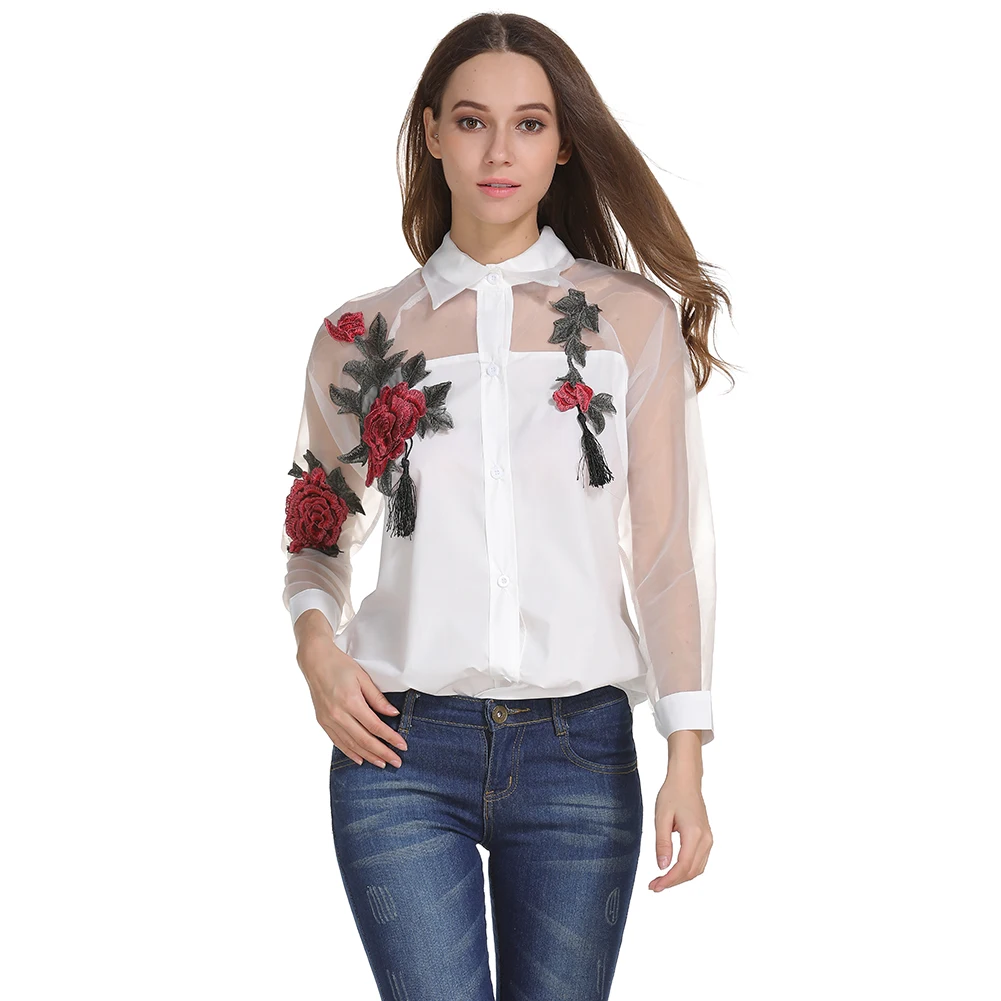 Fashion Women Organza Embroidery Flowers Chiffon Blouse Long Sleeve Casual Shirt Plus Size Female Stitching White Blouse S-3XL