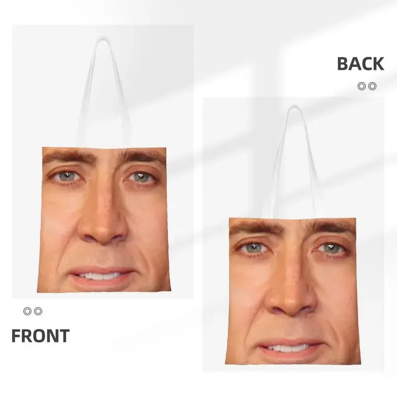 Reusable Nicolas Cage Face Shopping Bag Women Shoulder Canvas Tote Bag Portable Funny Meme Grocery Shopper Bags