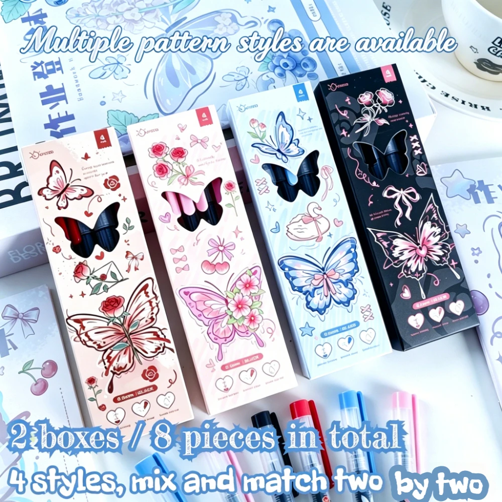 2-Pack (8pcs) Butterfly Theme Liquid Pens with Rose And Bow Print 0.5mm Fine Point Durable Ink Long-lasting Fresh Girl Style Ide