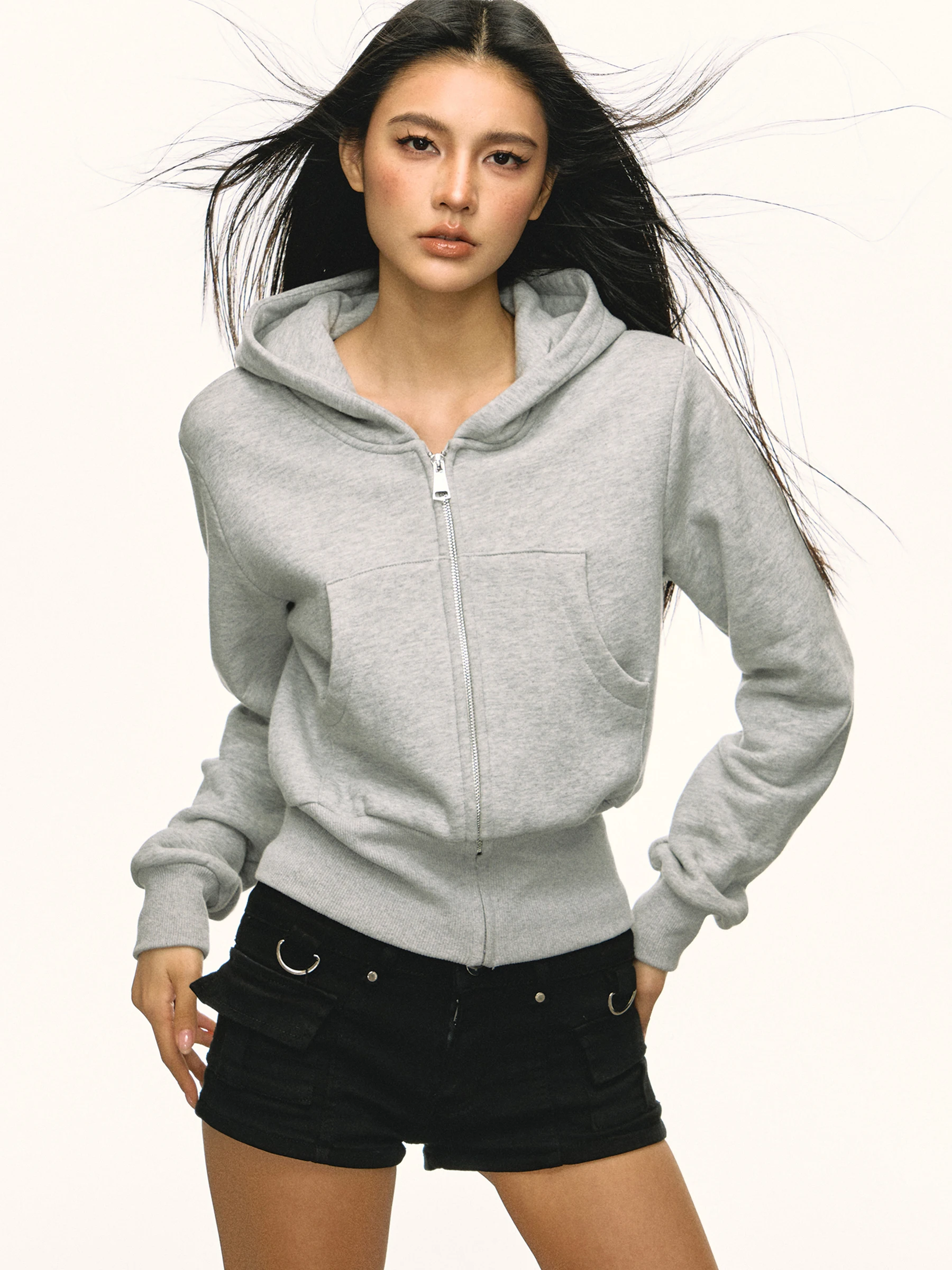 Aaisup Grey Short Fit Women's Hoodie Zipper Jacket Spring Autumn Versatile Casual Korean Style Long Sleeve Cotton Blend