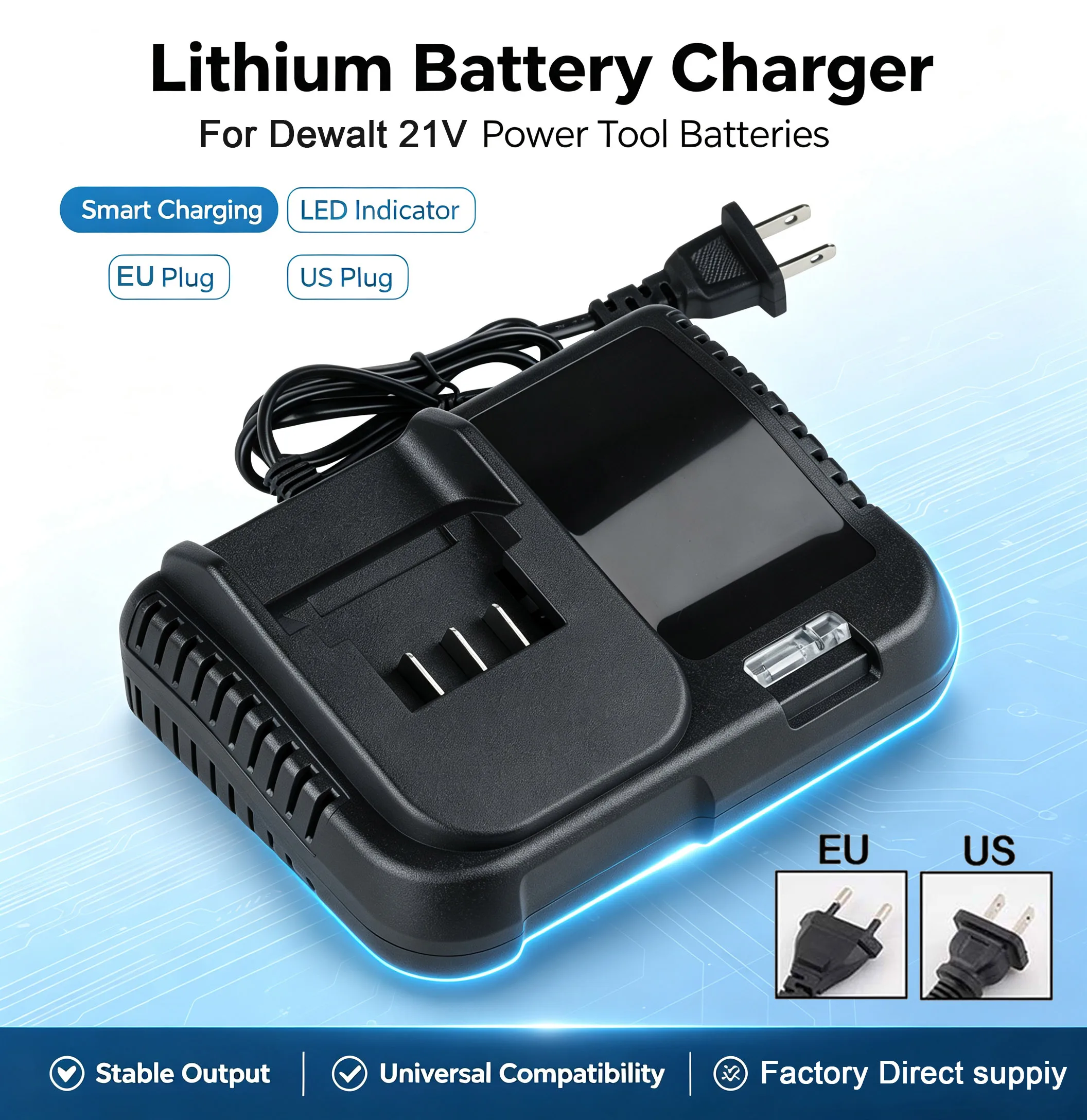 US EU Plug 21V 0.5A For Dewalt Battery Charger Replacement Fit Lithium Battery DCB200 DCB201 DCB609 DCB182 DCB204 Charger