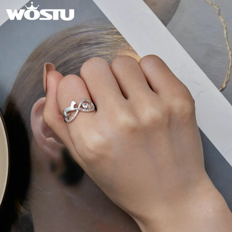 WOSTU Real 925 Sterling Silver Cat & Infinite Symbol Band Rings per le donne Clear AAA zircone Animal Pet Ring regalo di gioielli di compleanno