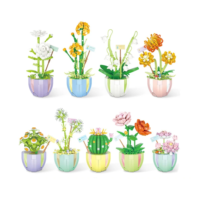 

Idea Mini Block Potted Plants Building Brick Rose Daisy Cactus Flores Convallariae Dandelion Jasmine Flower Model Toys For Gift