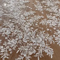 Embroidered Lace Fabric for Wedding Dress Shining, 3D Flowers, Beaded Sequins, Off-White, RS4081