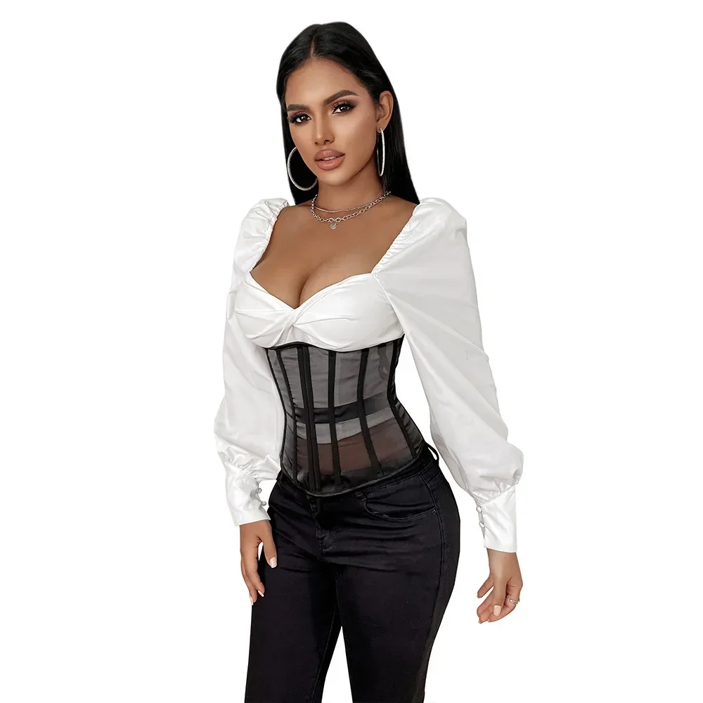 Women Sexy Mesh Underbust Corset Gothic Slim Streetwear See Through Waist Cincher Bustier Top