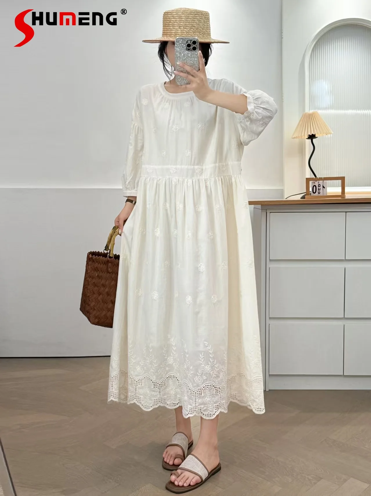 

Japanese Sweet Elegant Mori Girl Style Summer Dresses Round Neck Short Sleeve Embroidered Flower Loose Casual Long Dress Women