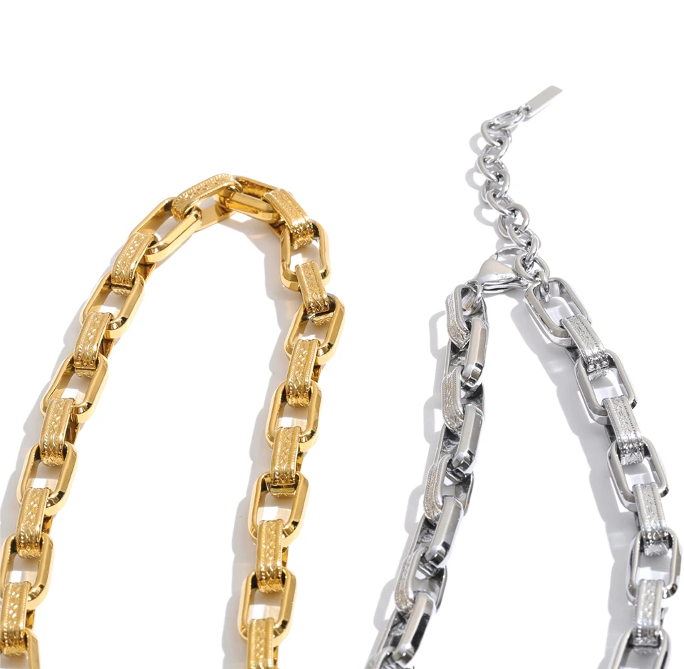 Yhpup Statement-Halskette aus Edelstahl, Schwerer Industriestil, 18K PVD-Beschichtung, Strukturierte Metallkette, Trendiger Schmuck – Detail 3