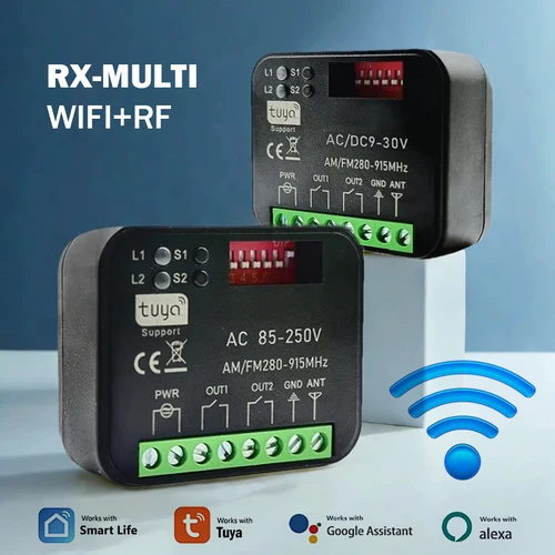 Módulo de interruptor inteligente universal RX MULTI Tuya con wifi de 300-868 MHz, 2 canales, 433 MHz, 868 MHz, receptor de control remoto para puerta de garaje/portón.