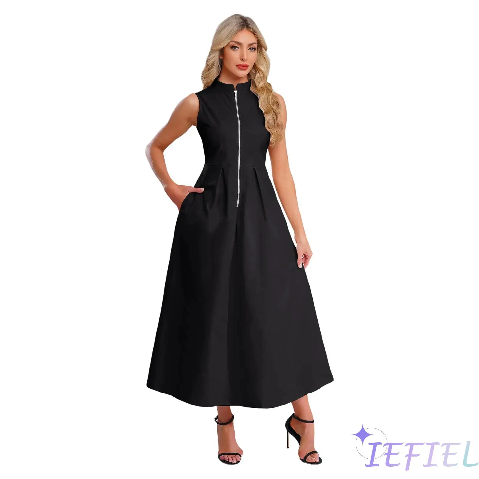 

Womens Stylish Maxi Dress Front Zip Mock Neck Sleeveless High Waist Dress with Side Pockets for Shopping Party Daily Casual