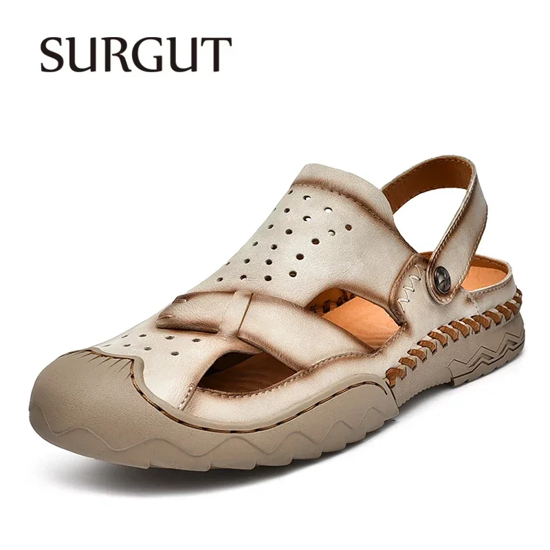 SURGUT Cow Leather Men's Sandals New Summer Purely Handmade Breathable Retro Fashion Anti-Collision Versatile Male Sandals