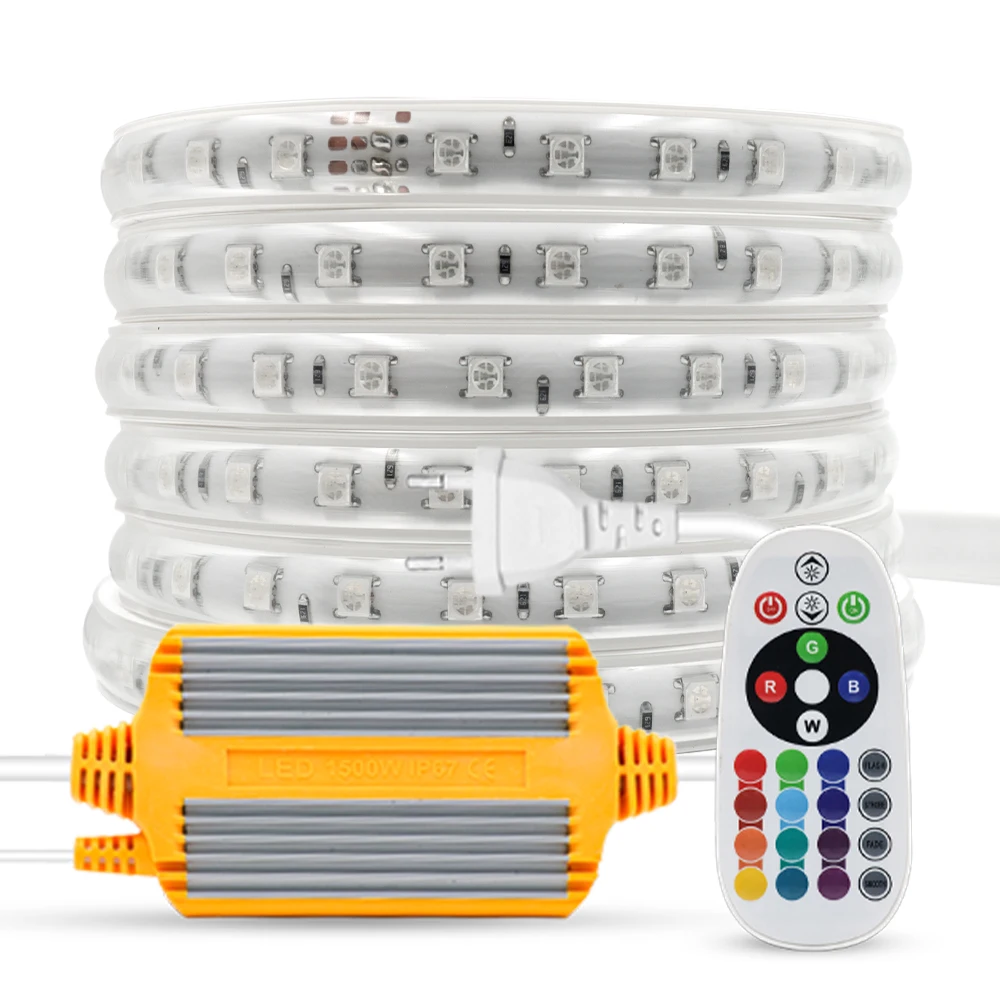 AC220V RGB LED Strip with Controller SMD5050 60Leds/m White Warm White LED Lights with EU Plug IP67 Waterproof Outdoor Lighting