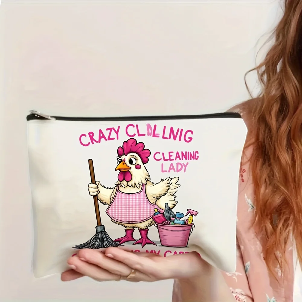 Un sac à cosmétiques imprimé Crazy Cleaning Lady – sac multifonctionnel à fermeture éclair, sac de rangement de bijoux, petit rangement à fermeture éclair de voyage parfait