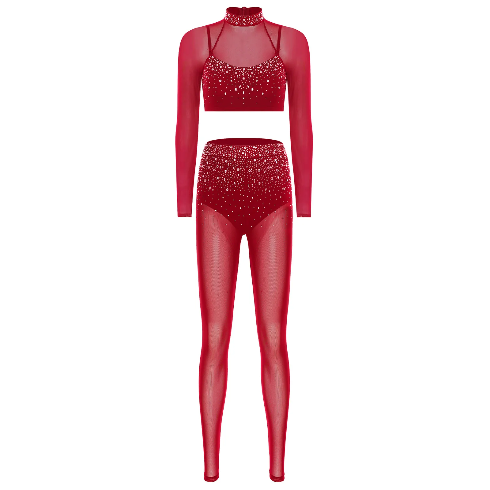 

Women Latin Figure Skating Dance Costume Outfit 2-piece Gymnastics Dancewear Sets Long Sleeve Tops+built-in Briefs Leggings Suit