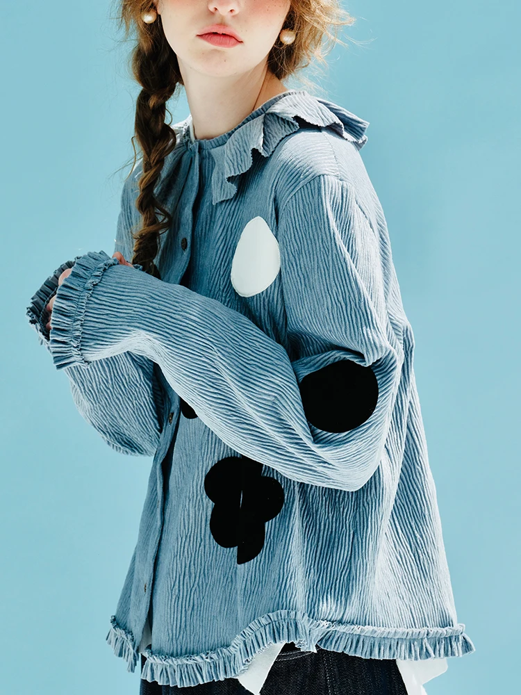 Spring 2023 imakokoni Original Pullover Printed Polka Dot Thick velvet pressed ruffle collar Shirt Long sleeve blue shirt 234014